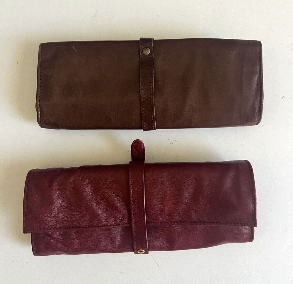 Leather Organizer Red Brown Buckle Jewelry Roll Pouch Lot of 2 - Picture 2 of 14